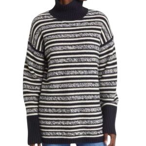 Nordstrom 100% Cashmere Turtleneck Sweater Coastal Navy Ivory Stripe XS New